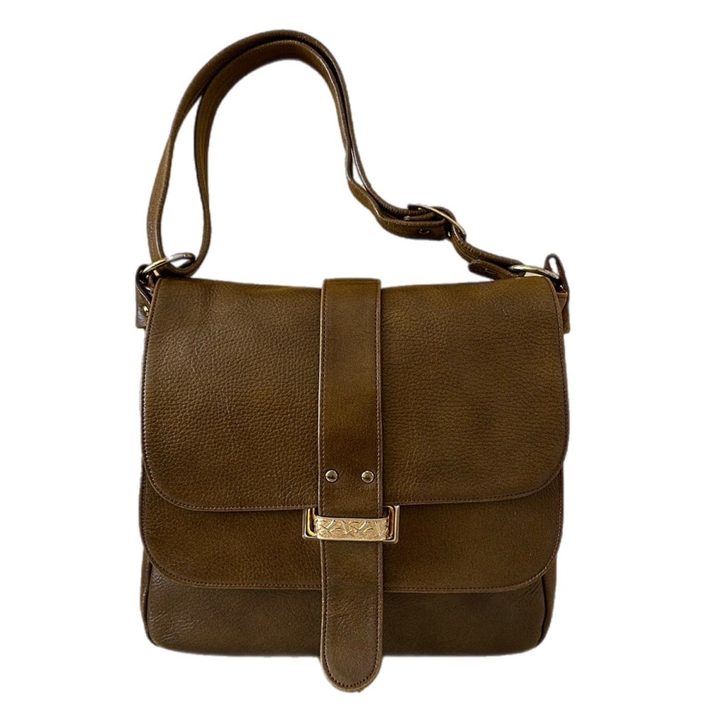 Vintage Justin Top Grain Leather Flap Shoulder Bag Olive Brown